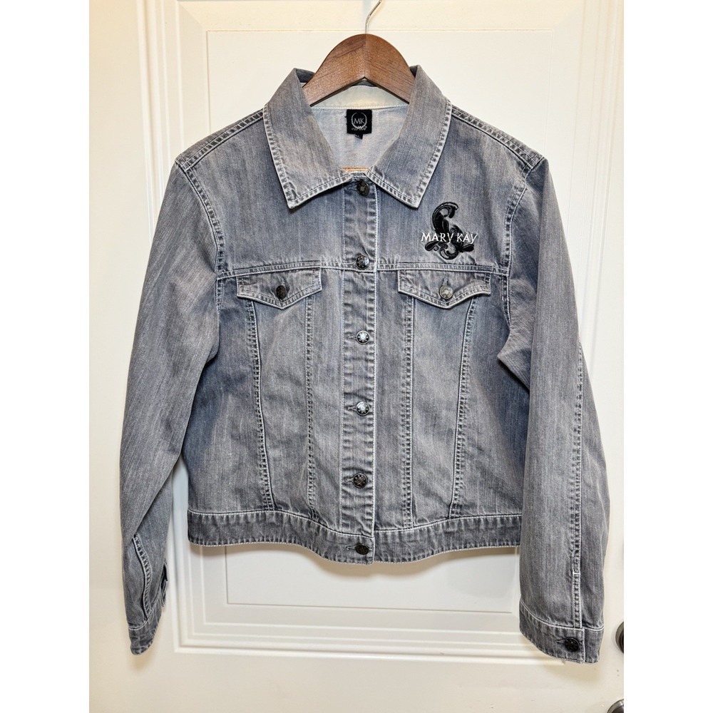Vtg 90s Style Mary Kay Denim Jacket Womens Sz L‎ Washed Gray Embroidered Logo